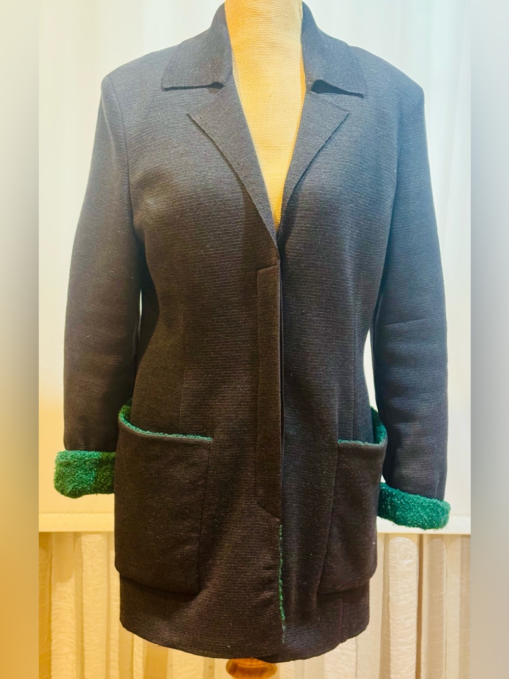 Gianfranco Ferre CharcoalTrench Coat with Green Trim and green curly fabric